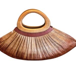 Artisan Fan Brown and Tan Clutch with Wooden Handle